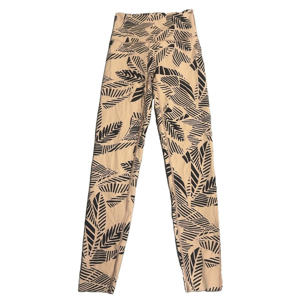 Aerie Beige Black Leaf Print High Rise Leggings Ankle Women's Sz Small Athletic